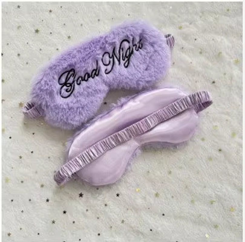 Cute Plush Embroidered Good Night Sleep Eye Mask Light-Blocking Breathable Soft Rabbit Fur Silk Gift Hotel Travel Eye Blindfold