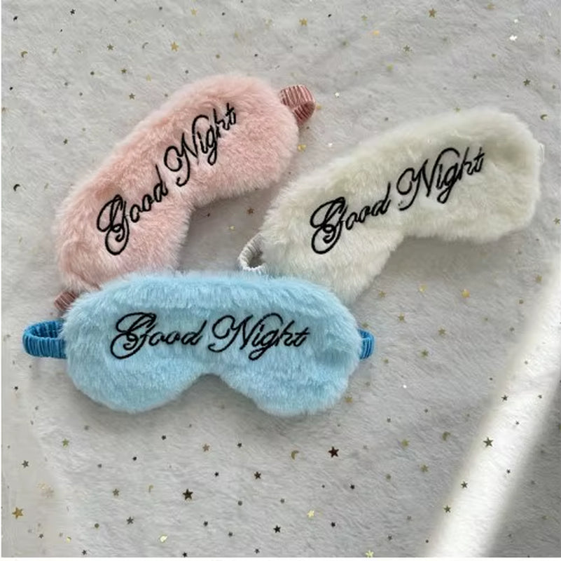 Cute Plush Embroidered Good Night Sleep Eye Mask Light-Blocking Breathable Soft Rabbit Fur Silk Gift Hotel Travel Eye Blindfold