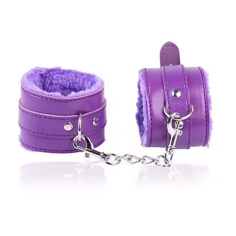 PU Leather Furry Restrain Bondage Set Adjustable BDSM Restraints Blindfold for Couples Adult SM Fetish Bedroom Roleplay Erotic