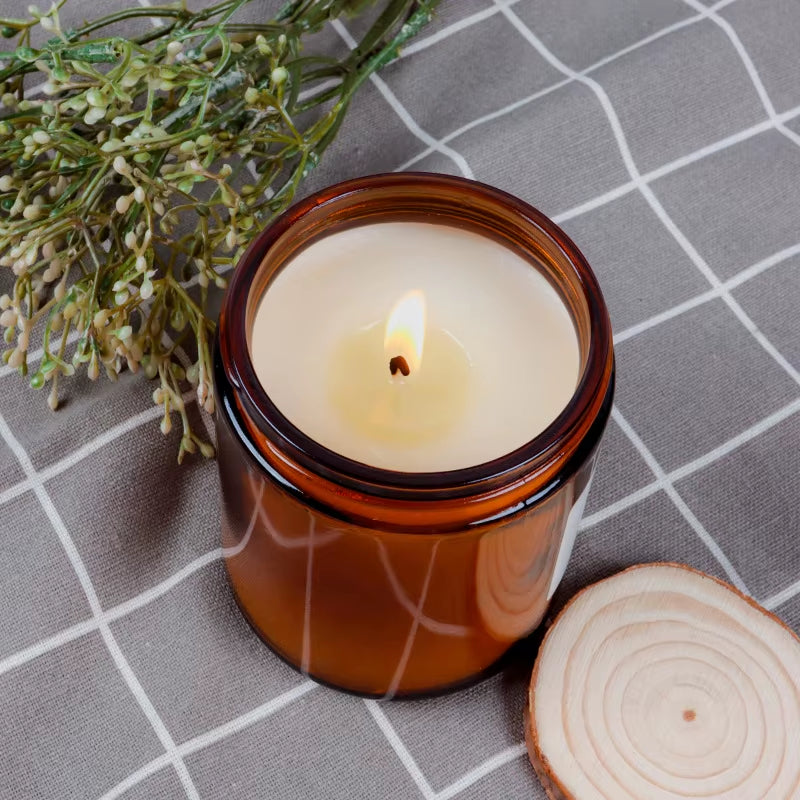 Aroma Sensation Hand-Poured Warm Vanilla Sandalwood Fragrance Cozy Ambiance Scented Candle Amber Glass Jar Relaxation Lit Flame