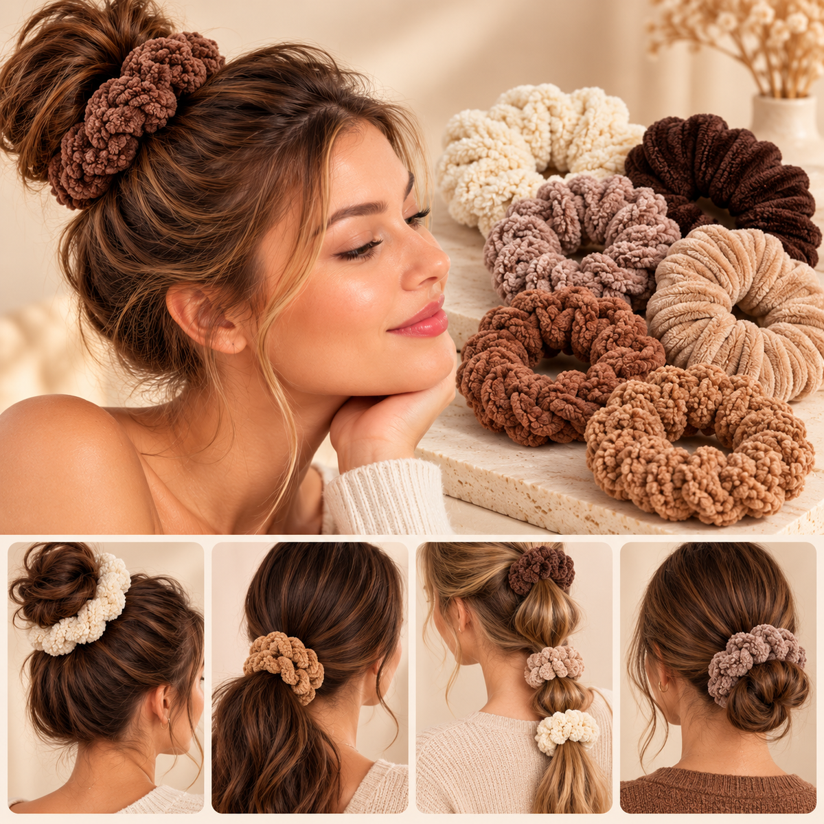 16 élastiques à cheveux épais pop-corn – Tons beige et café