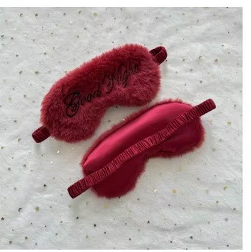 Cute Plush Embroidered Good Night Sleep Eye Mask Light-Blocking Breathable Soft Rabbit Fur Silk Gift Hotel Travel Eye Blindfold