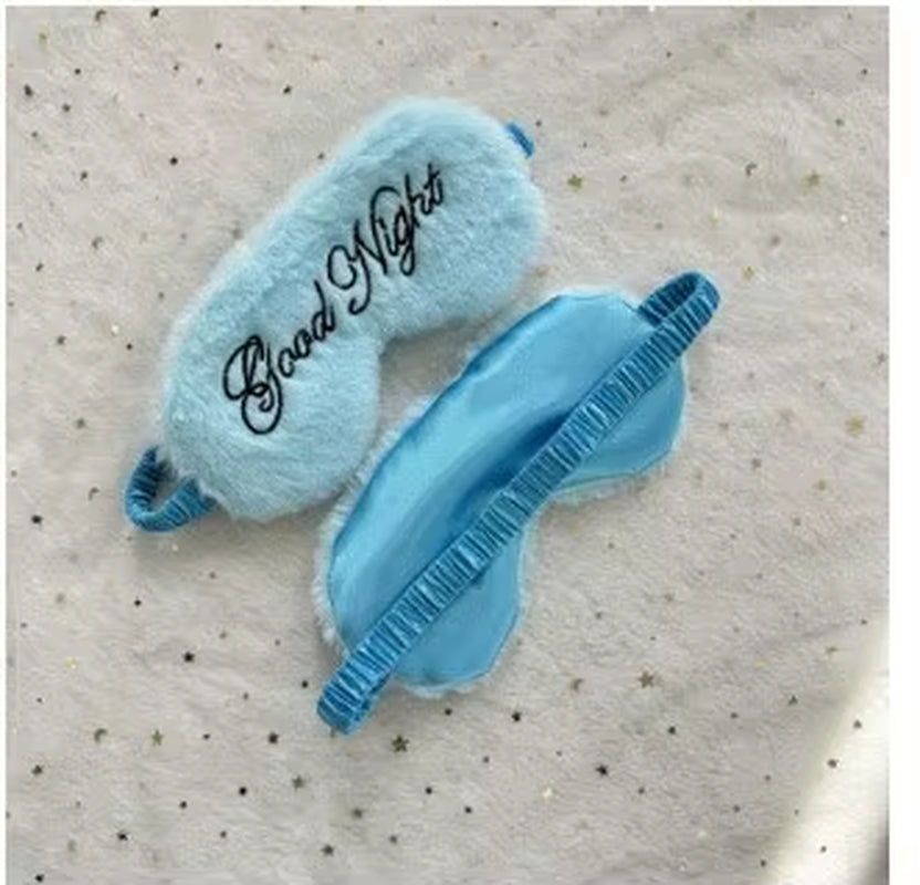 Cute Plush Embroidered Good Night Sleep Eye Mask Light-Blocking Breathable Soft Rabbit Fur Silk Gift Hotel Travel Eye Blindfold