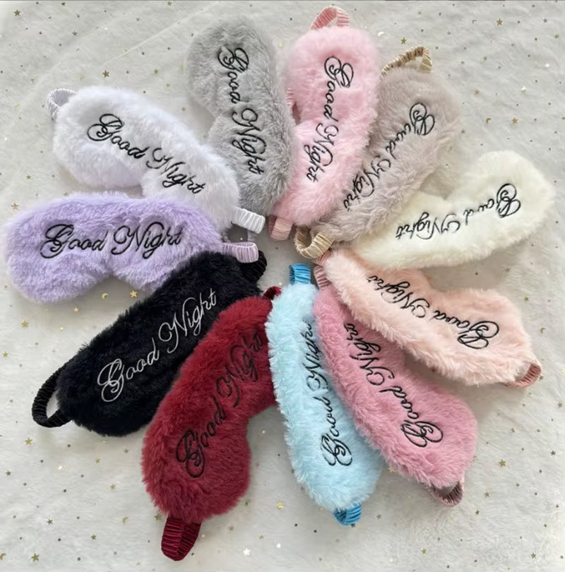 Cute Plush Embroidered Good Night Sleep Eye Mask Light-Blocking Breathable Soft Rabbit Fur Silk Gift Hotel Travel Eye Blindfold