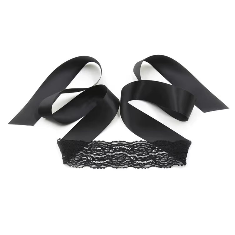 Black Lace Blindfold & Cuffs Set - Romantic Restraint Kit with Nipple Covers