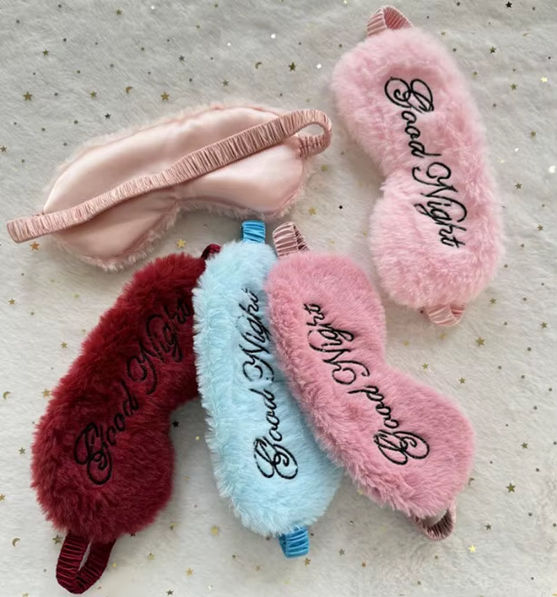 Cute Plush Embroidered Good Night Sleep Eye Mask Light-Blocking Breathable Soft Rabbit Fur Silk Gift Hotel Travel Eye Blindfold
