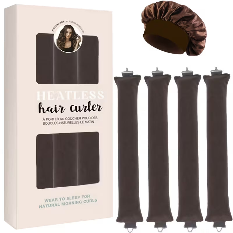 4 bigoudis sans chaleur en satin café et bonnet en satin, avec leur boîte