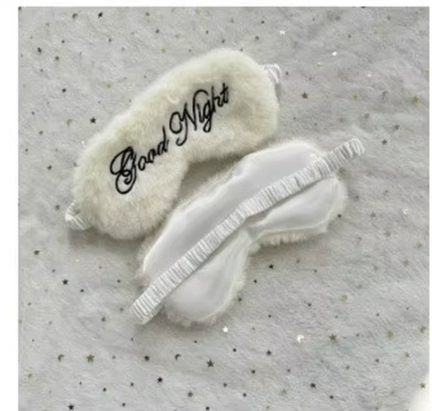 Cute Plush Embroidered Good Night Sleep Eye Mask Light-Blocking Breathable Soft Rabbit Fur Silk Gift Hotel Travel Eye Blindfold