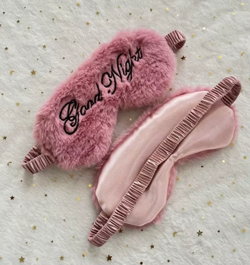 Cute Plush Embroidered Good Night Sleep Eye Mask Light-Blocking Breathable Soft Rabbit Fur Silk Gift Hotel Travel Eye Blindfold