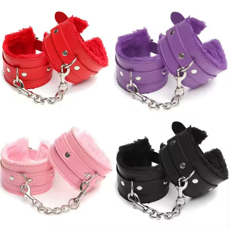 PU Leather Furry Restrain Bondage Set Adjustable BDSM Restraints Blindfold for Couples Adult SM Fetish Bedroom Roleplay Erotic