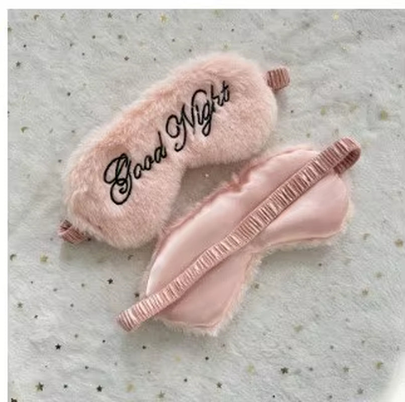 Cute Plush Embroidered Good Night Sleep Eye Mask Light-Blocking Breathable Soft Rabbit Fur Silk Gift Hotel Travel Eye Blindfold