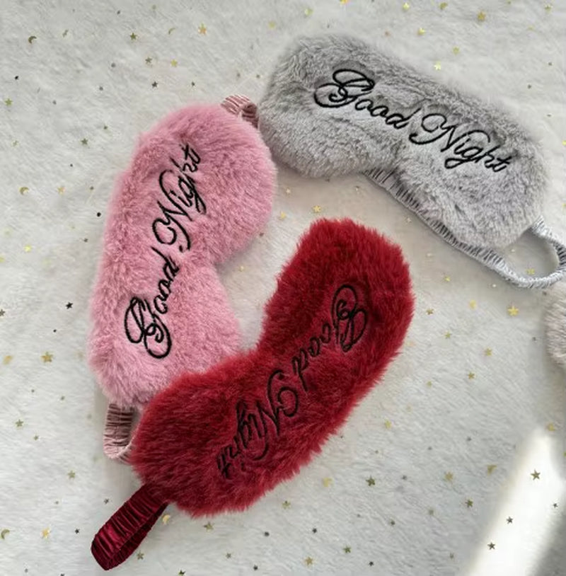 Cute Plush Embroidered Good Night Sleep Eye Mask Light-Blocking Breathable Soft Rabbit Fur Silk Gift Hotel Travel Eye Blindfold