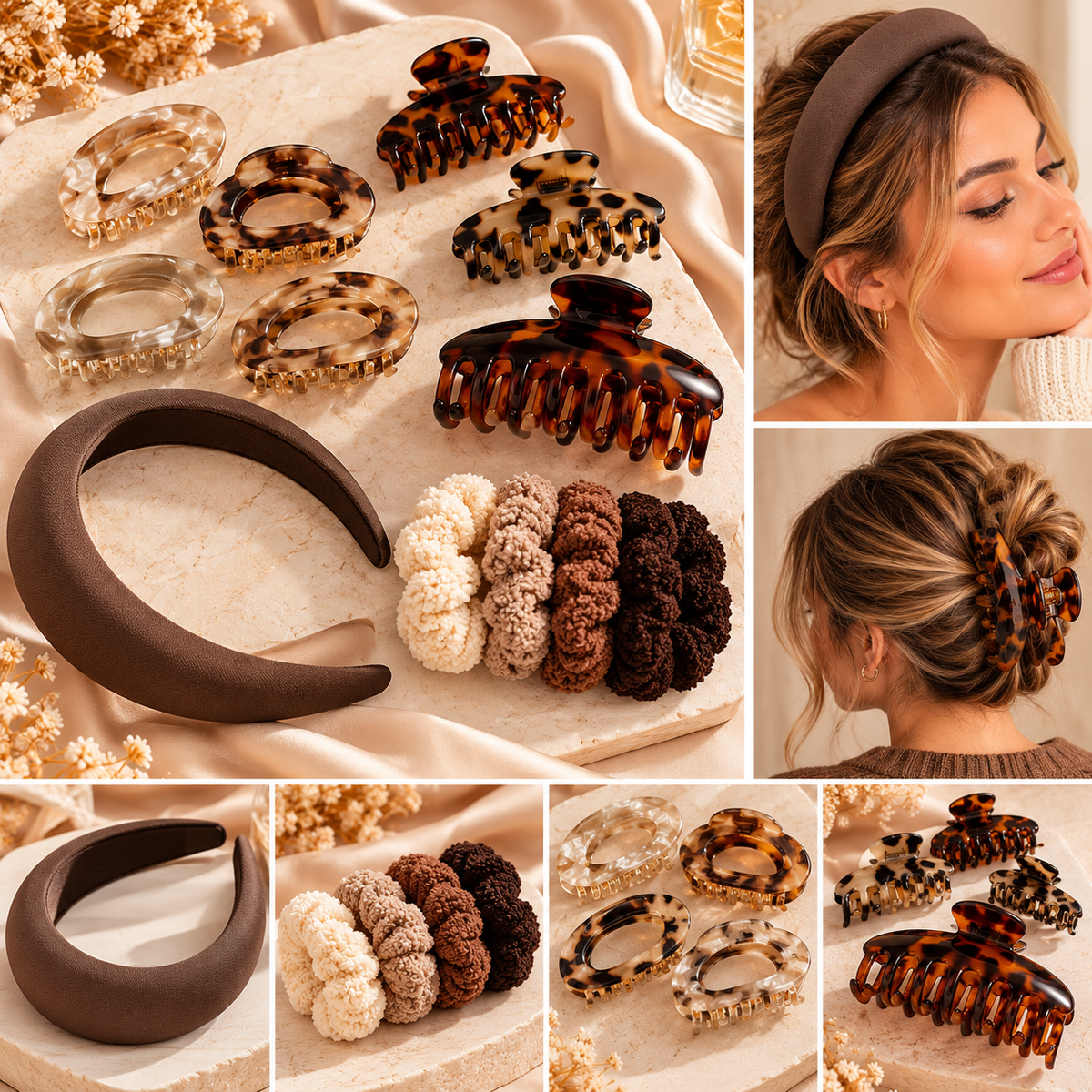 Coffret Chic & écaille – 13 accessoires : 4 pinces ovales marbrées, 3 pinces écaille, 1 grande pince écaille, 1 serre-tête, 4 élastiques
