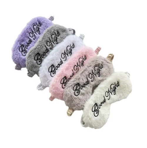 Cute Plush Embroidered Good Night Sleep Eye Mask Light-Blocking Breathable Soft Rabbit Fur Silk Gift Hotel Travel Eye Blindfold