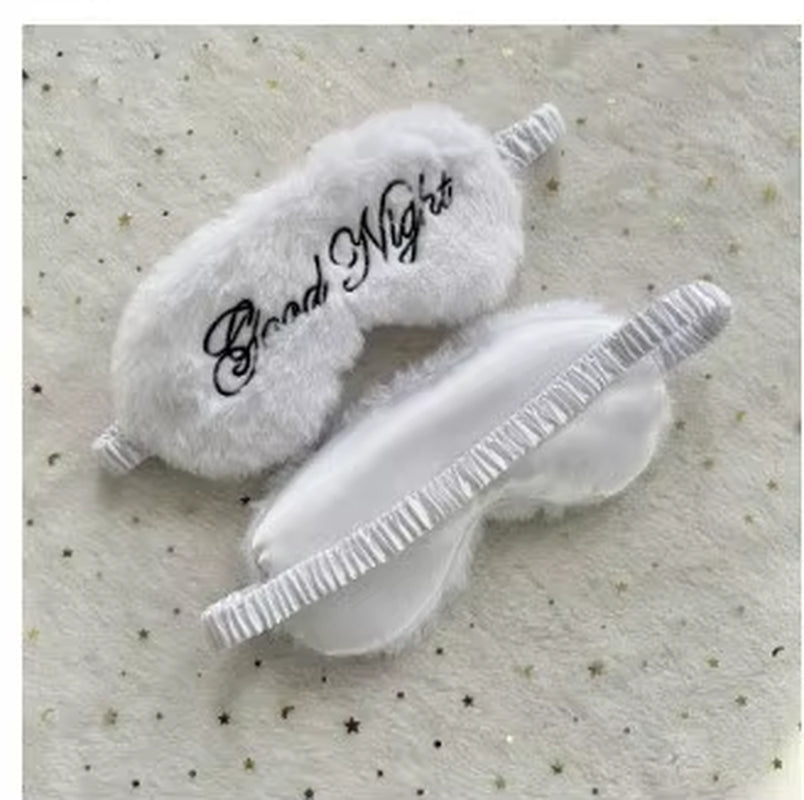 Cute Plush Embroidered Good Night Sleep Eye Mask Light-Blocking Breathable Soft Rabbit Fur Silk Gift Hotel Travel Eye Blindfold