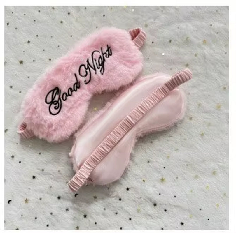 Cute Plush Embroidered Good Night Sleep Eye Mask Light-Blocking Breathable Soft Rabbit Fur Silk Gift Hotel Travel Eye Blindfold