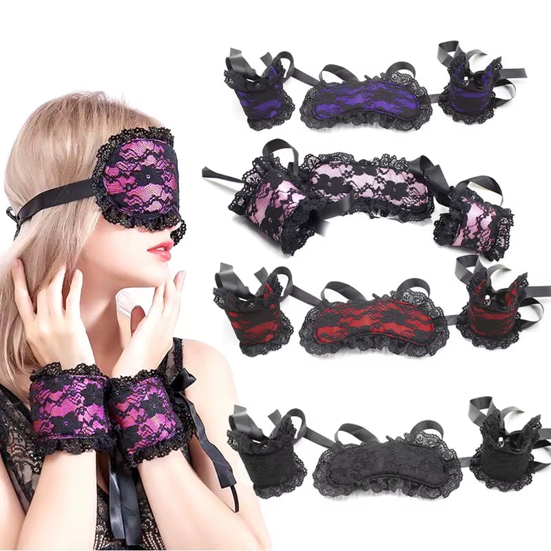 For Bedroom Eye Mask Sm Sexy Handcuffs Set for Sex Toys Supplier, Lace Three Piece Bdsm Bondage Set for Men and Women
