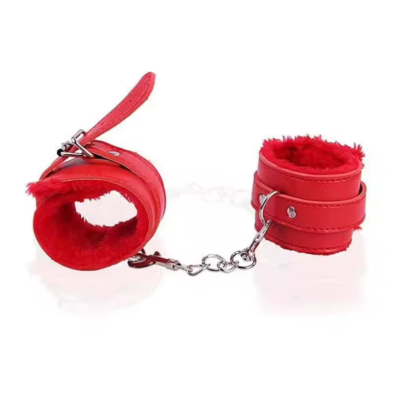 PU Leather Furry Restrain Bondage Set Adjustable BDSM Restraints Blindfold for Couples Adult SM Fetish Bedroom Roleplay Erotic