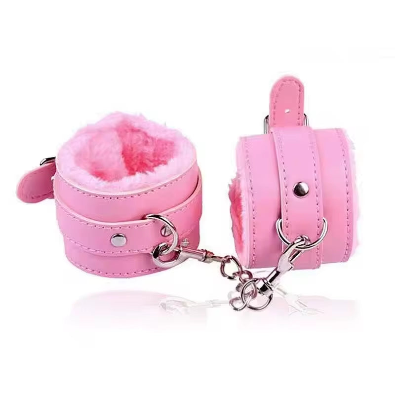 PU Leather Furry Restrain Bondage Set Adjustable BDSM Restraints Blindfold for Couples Adult SM Fetish Bedroom Roleplay Erotic