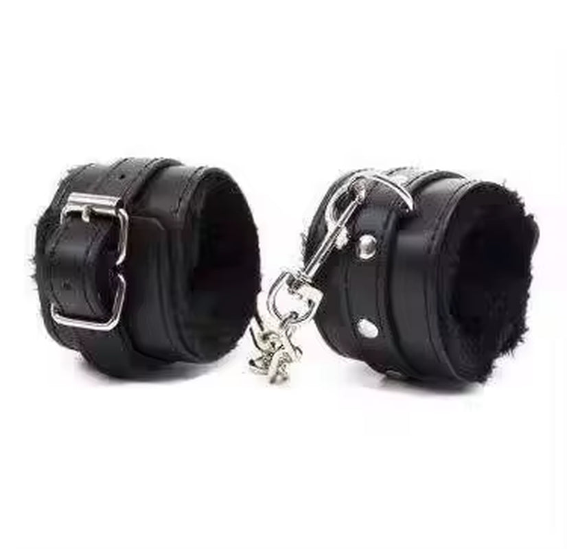 PU Leather Furry Restrain Bondage Set Adjustable BDSM Restraints Blindfold for Couples Adult SM Fetish Bedroom Roleplay Erotic