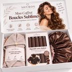 Coffret boucles sans chaleur SHYROS : serviette microfibre, bigoudis en satin et bonnet en satin