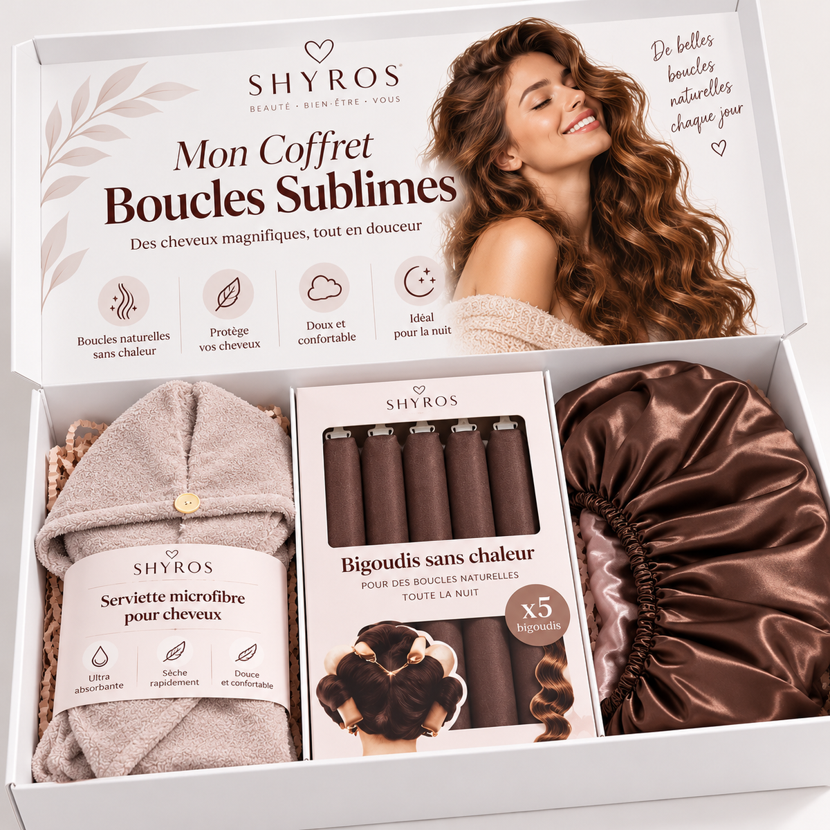 Coffret boucles sans chaleur SHYROS : serviette microfibre, bigoudis en satin et bonnet en satin