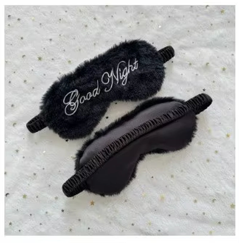 Cute Plush Embroidered Good Night Sleep Eye Mask Light-Blocking Breathable Soft Rabbit Fur Silk Gift Hotel Travel Eye Blindfold