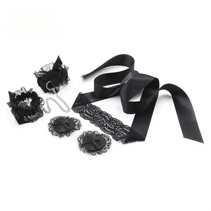 Black Lace Blindfold & Cuffs Set - Romantic Restraint Kit with Nipple Covers