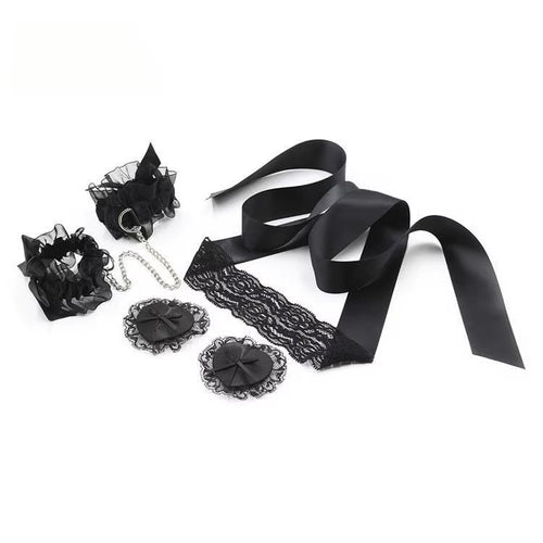 Black Lace Blindfold & Cuffs Set - Romantic Restraint Kit with Nipple Covers
