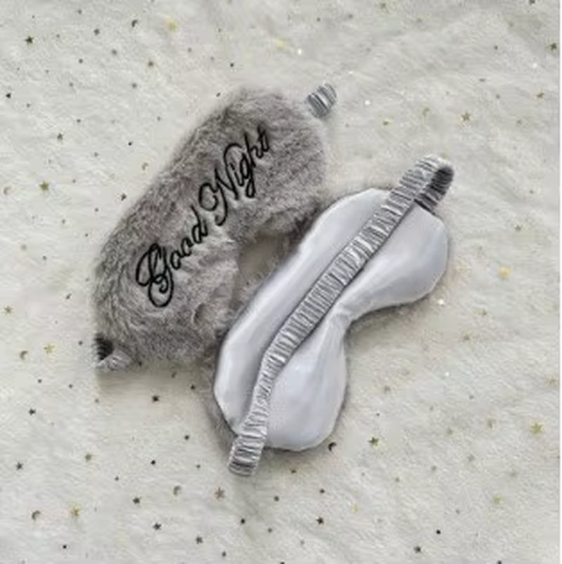 Cute Plush Embroidered Good Night Sleep Eye Mask Light-Blocking Breathable Soft Rabbit Fur Silk Gift Hotel Travel Eye Blindfold