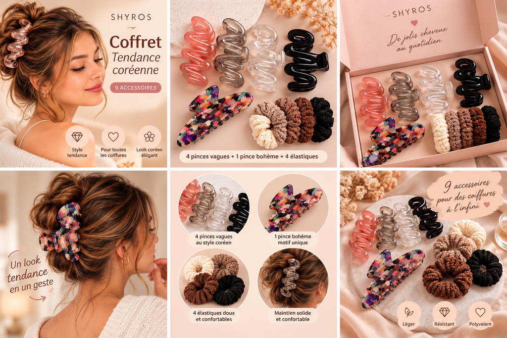 Coffret Tendance coréenne – 9 accessoires : 4 pinces vagues, 1 pince bohème, 4 élastiques